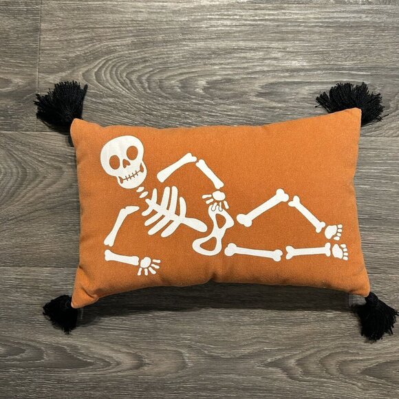 16" Halloween Skeleton Throw Pillow Black Tassels Target Orange Spooky Plush - Picture 1 of 6